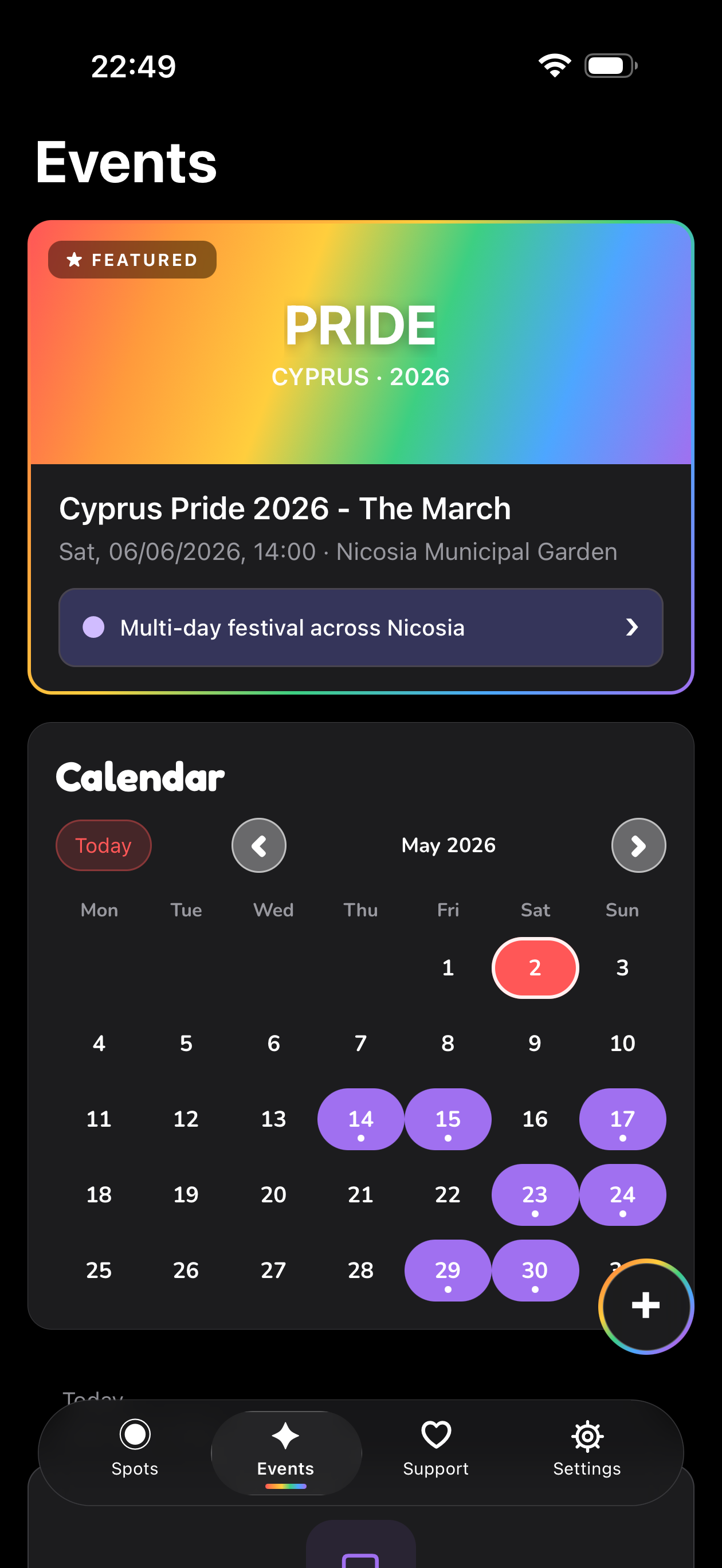 QueerSpots CY Events screen with calendar and upcoming events