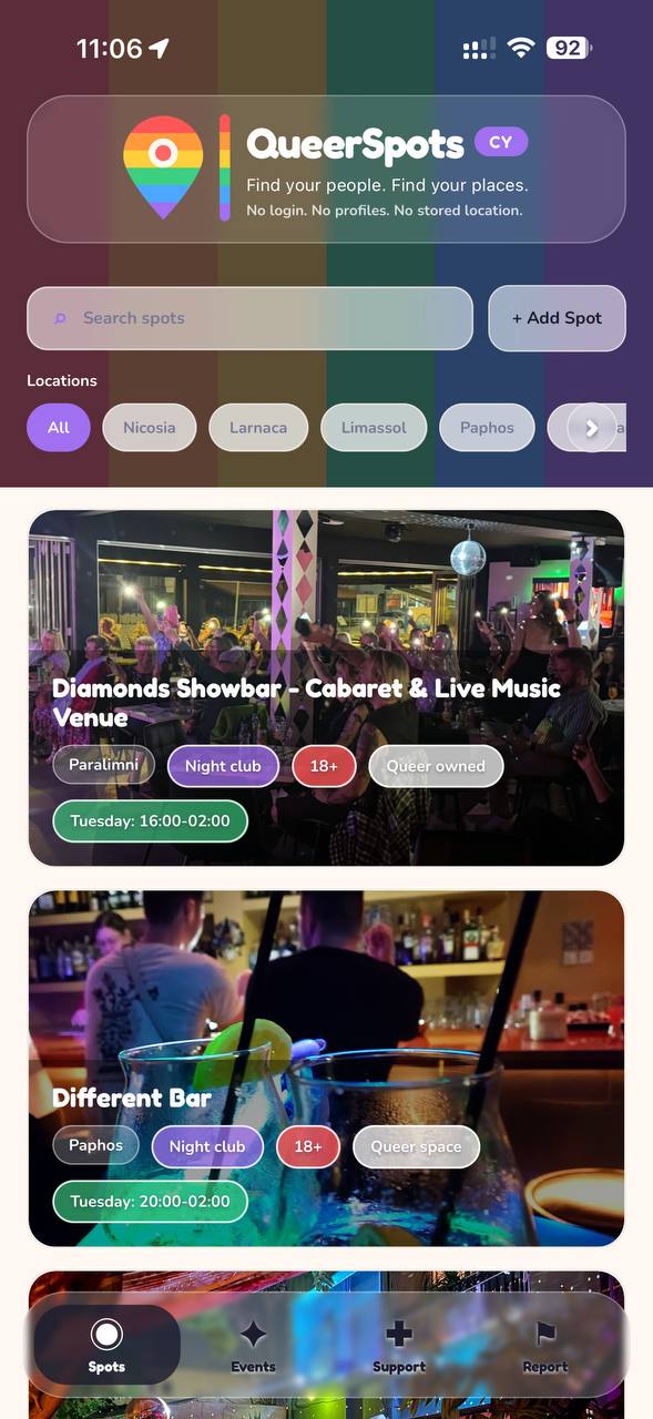 QueerSpots CY Spots screen showing friendly venues in Cyprus