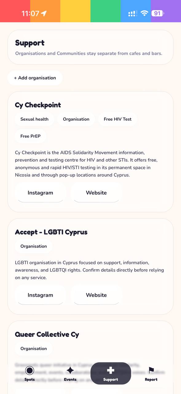 QueerSpots CY Support screen with organisations and community resources